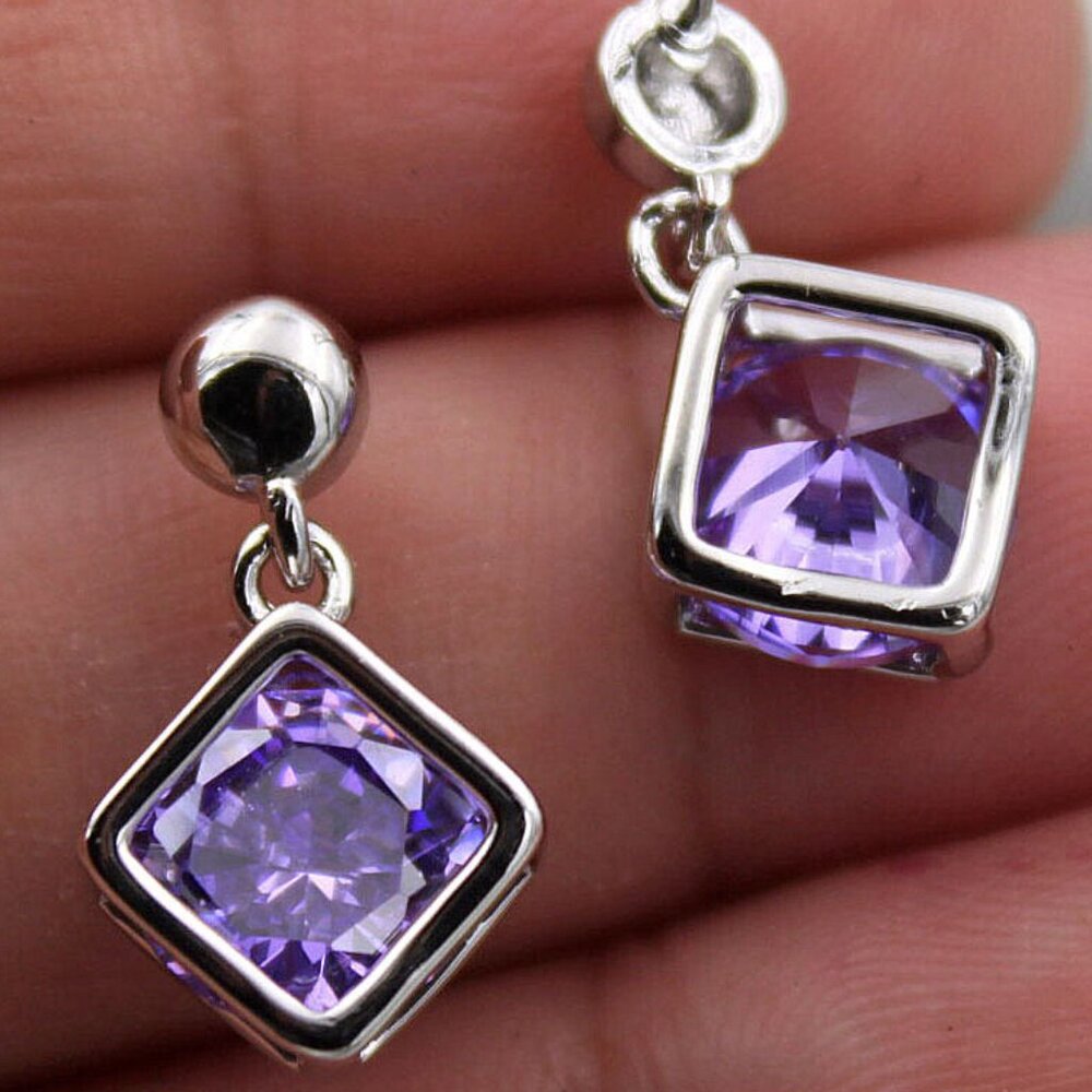 18K White Gold Filled Bezel Square Purple Diamond Zircon Dangle Stud Earrings - Picture 2 of 2